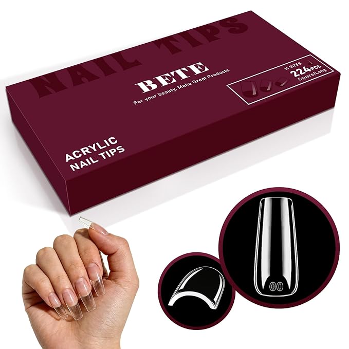 BETE Long Square Nail Tips, 224Pcs 16 Sizes, Clear Acrylic Full Cover False Nails, Pre-Shaped, Strong & Thicker, Long Lasting Press on Nails for DIY at Home & Salon