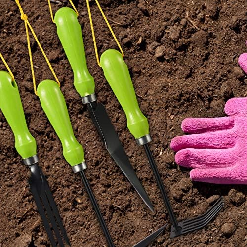 Relaxdays 4-Piece Tool Set, Trowel, Hand Rake, Double-Sided Weeder, Fork, Gardening Kit, Iron, Green - Image 3