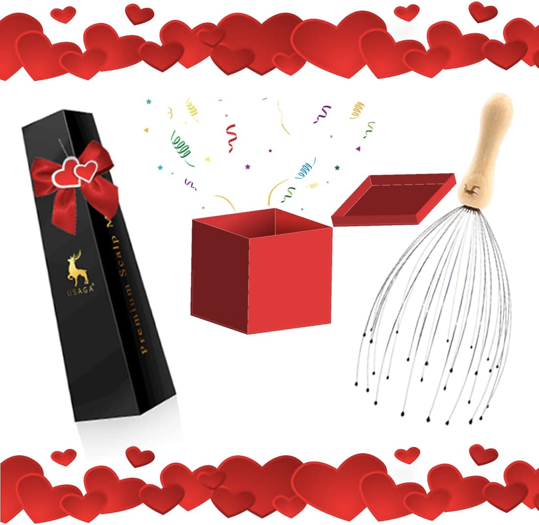 USAGA 32 Fingers Head Massager, Head Scratcher Scalp Massager for Scalp Body Relaxing Wood Handle (1 Pack)