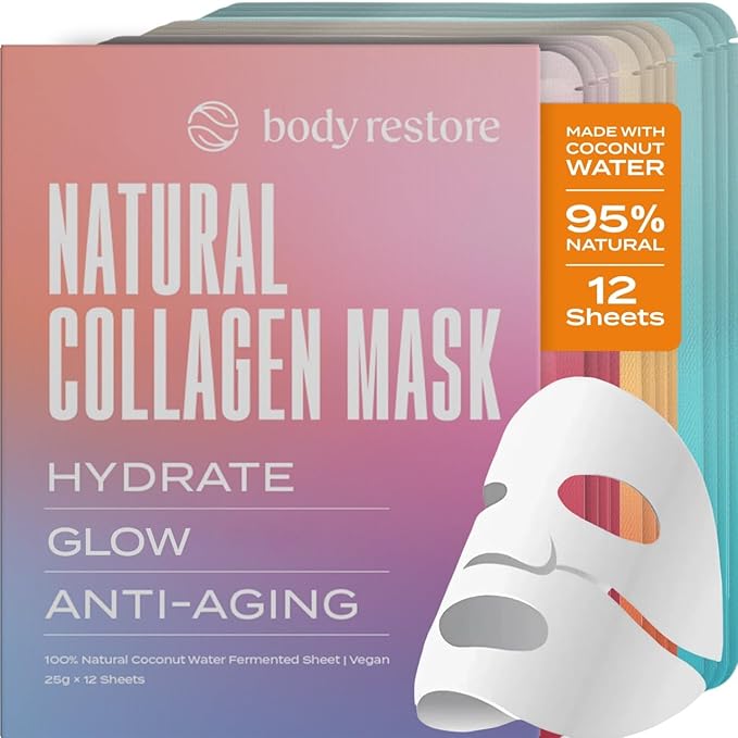 Body Restore Natural Collagen Face Mask 12 Pack – Valentines Day Gifts for Her and Him, Korean Skin Care Mask with Fermented Coconut Water, Birthday Gifts for Women & Men, Dry Skin – Variety