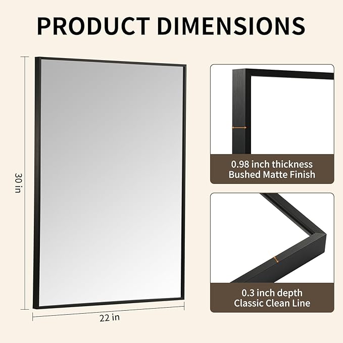 Matte Black Mirror, 22x30 Inch Aluminum Framed Rectangle Mirror, Anti-Rust, Tempered Glass, Square Corner Wall Mirror for Over Sink, Vanity, Bedroom, Entryway, Horizontal/Vertical