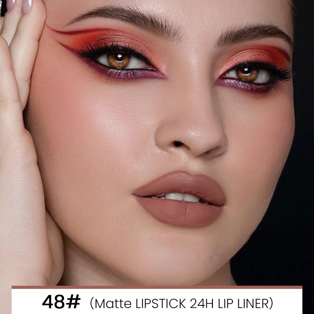 Kaely 2-in-1 Nude Brown Beige Velvet Matte Lip Liner & Lipstick Combo Set Kit for Women, Magic 24 Hours Lipstick and Lip Liner Makeup Set Stain Long Lasting Waterproof labial 48