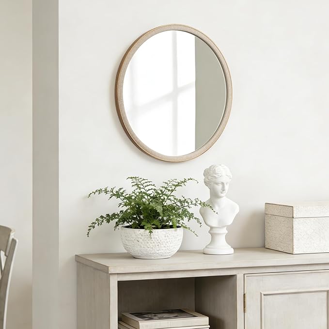 WallBeyond Round Mirror 24 Inch, Linen-Texture Circle Wall Mirror for Bathroom, Bedroom, Entryway, Living Room