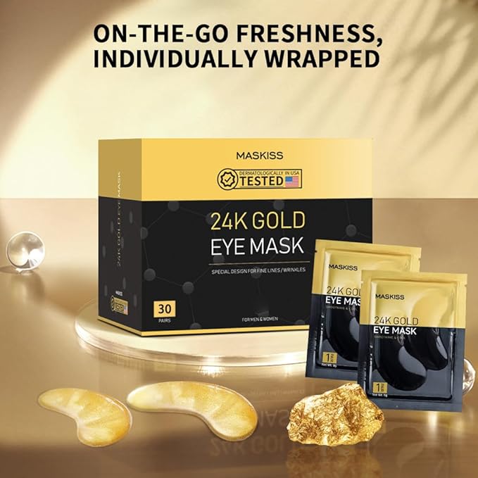 24k Gold Under Eye Patches (30 Pairs), Eye Mask, Collagen Skin Care Products, Eye Patches for Puffy Eyes, Eye Masks for Dark Circles and Puffiness.