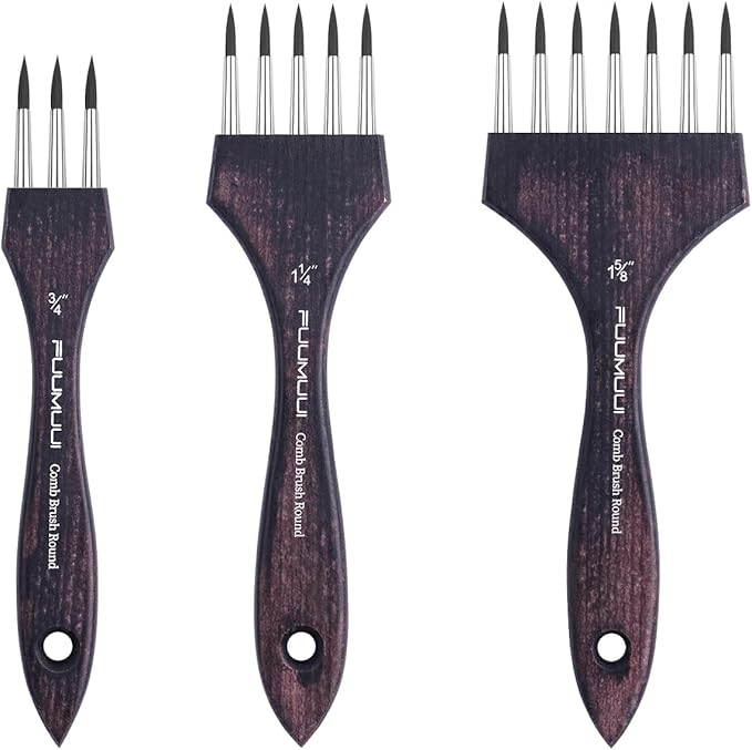 Multi-Head Round Comb Brush Set - Fuumuui 3Pcs Professional Synthetic Brushes, Designed for Textures and Special Effects for Acrylic Painting, Oil & Watercolor - Texture Brushes, Short Handle