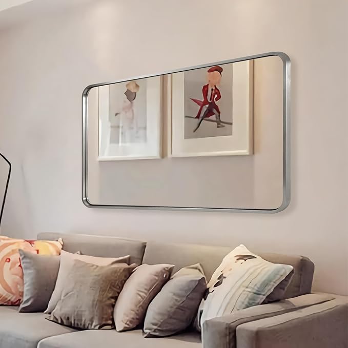 ANDY STAR Brushed Nickel Bathroom Mirror, 30x48 Inch Rounded Rectangle Mirror for Bathroom Vanity in 1'' SUS304-Anti-Rust Metal Tube Frame Wall Mounted Horizontal/Vertical