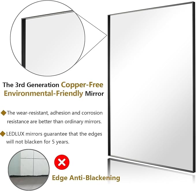 30x36 Inch Black Bathroom Mirror, Copper-Free Mirror, Aluminum Alloy Frame Vanity Rectangle Wall Mounted Modern Mirror for Bedroom/Living Room/Porch Horizontal or Vertical