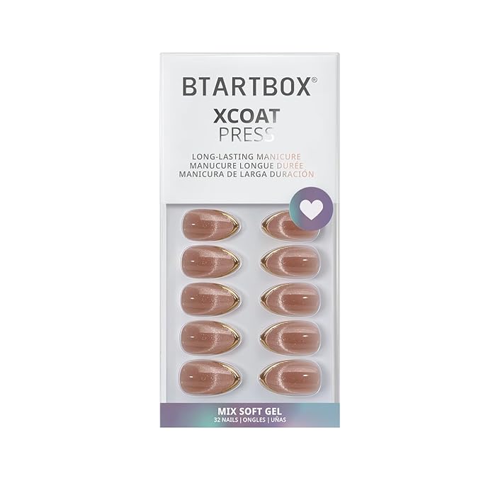 BTArtbox Press On Nails Short - Gold Drops, Lamp-Curable Gold French Tip Cat Eye Almond Press On Nails with Glue and Adhesive Tabs for Women in 16 Sizes - 32 Soft Gel Glue On Nails Kit