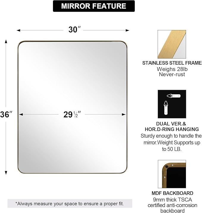 ANDY STAR Gold Bathroom Mirror, 30x36 Brushed Brass Rectangle Mirror for Bathroom, Modern Rectangular Wall Mounted Mirror for Vanity, Crafted of Stainless Steel Metal Frame…