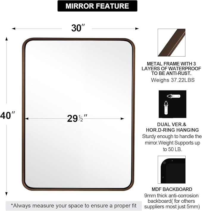 ANDY STAR Bronze Bathroom Mirror 30X40, Large Brushed Bronze Mirror for Wall, Rounded Rectangle Mirror Oil Rubbed Bronze, Bronze Vanity Mirrors in Metal Frame Hangs Horizontal Or Vertical