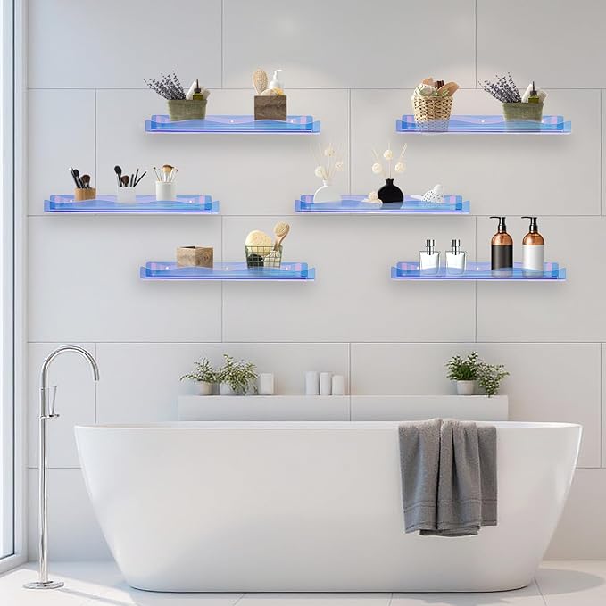 Wall Mount Acrylic Shelf 15 Inch Floating Shelf for Wall Decor Plants Books Records Colorful Display Shelf with Mounting Hardware Bathroom Bedroom Living Room Storage Organization(6, iridescent)