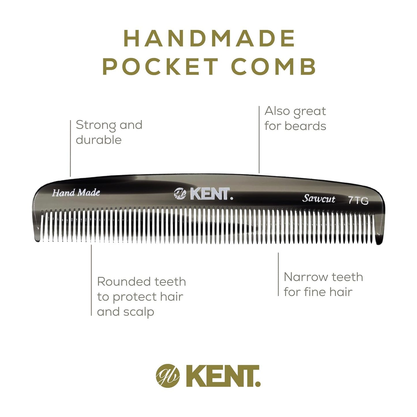 Kent 7T Black Graphite All Fine Tooth Pocket Comb for Men - Handmade Hair Comb for Men for Everyday Grooming and Styling - Travel Comb for Hair Care, Mustache and Beard Care, Saw Cut and Hand Polished