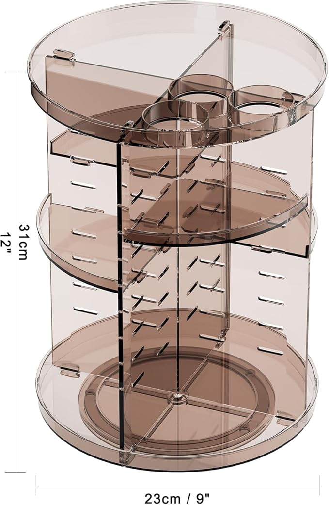 Rotating Makeup Organizer Countertop, DIY Adjustable Trays Spinning Skincare Organizers, Cosmetic Display Shelf with Perfume & Brush Holder, Multi-Function Desk Storage Carousel for Vanity Bathroom