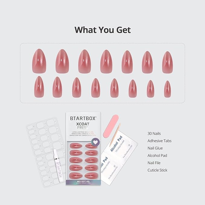 BTArtbox Press On Nails Almond - Pink Hypnotic, Lamp-Curable Cat Eye Ombre Medium Press On Nails with Glue and Adhesive Tabs for Women in 15 Sizes - 30 Soft Gel Glue On Nails Kit