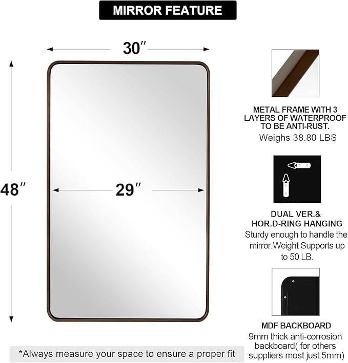 ANDY STAR Bronze Bathroom Mirror, 30x48 Inch Oil Rubbed Bronze Mirror Rounded Rectangle Tube Metal Frame 1’’ Deep, Wall-Mounted Horizontal/Vertical