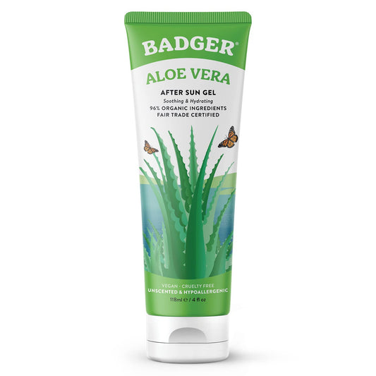 Badger Organic Aloe Vera Gel for Face & Body, 96% Pure Unscented Organic Aloe Gel for Cooling, Soothing, Non-Sticky Sunburn Relief, Vegan, Fair Trade & Hypoallergenic, 4 fl oz