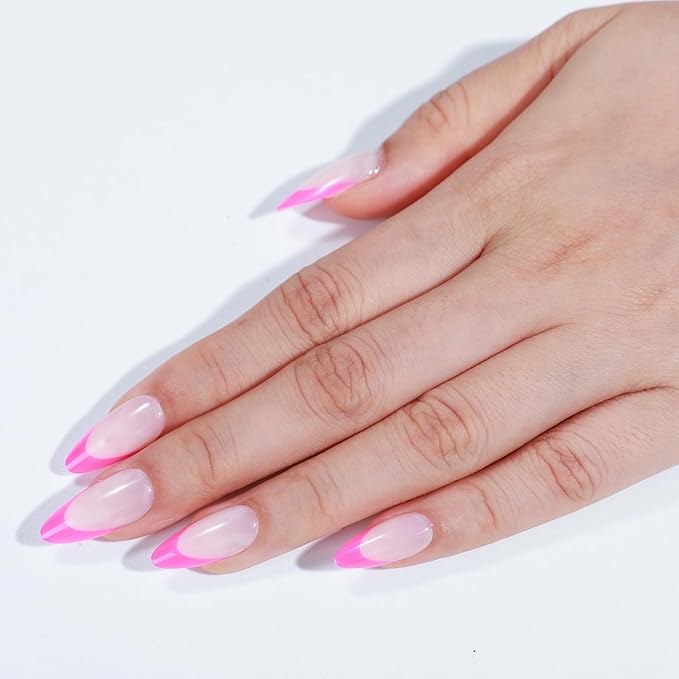 Rnker French Tip U Shape Press On Nails - Pink, Almond Top gel Nails with Bright Finish, 15 Sizes - 30 Nail Kit with Glue