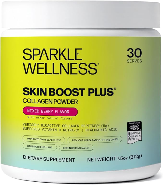 Sparkle Wellness VERISOL Bioactive Hydrolyzed Collagen Peptides | Collagen Powder with Vitamin C & Hyaluronic Acid for Hair, Skin, and Nail Health | Skin Boost Plus (Mixed Berry) [30-Serves]
