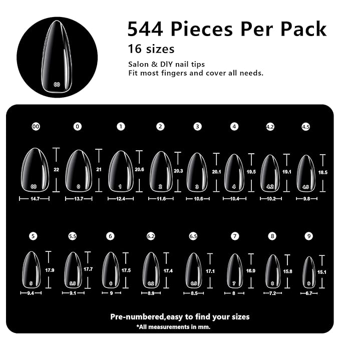 BETE Short Almond Nail Tips, 544Pcs 16 Sizes, Clear Acrylic Full Cover False Nails, Pre-Shaped, Strong & Thicker, Long Lasting Press on Nails for DIY at Home & Salon