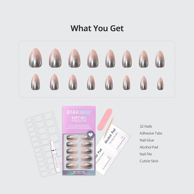 BTArtbox Press On Nails Short - Silver Fizz, Chrome Glitter Almond Press On Nails with Glue and Adhesive Tabs for Women in 16 Sizes - 32 Soft Gel Glue On Nails Kit
