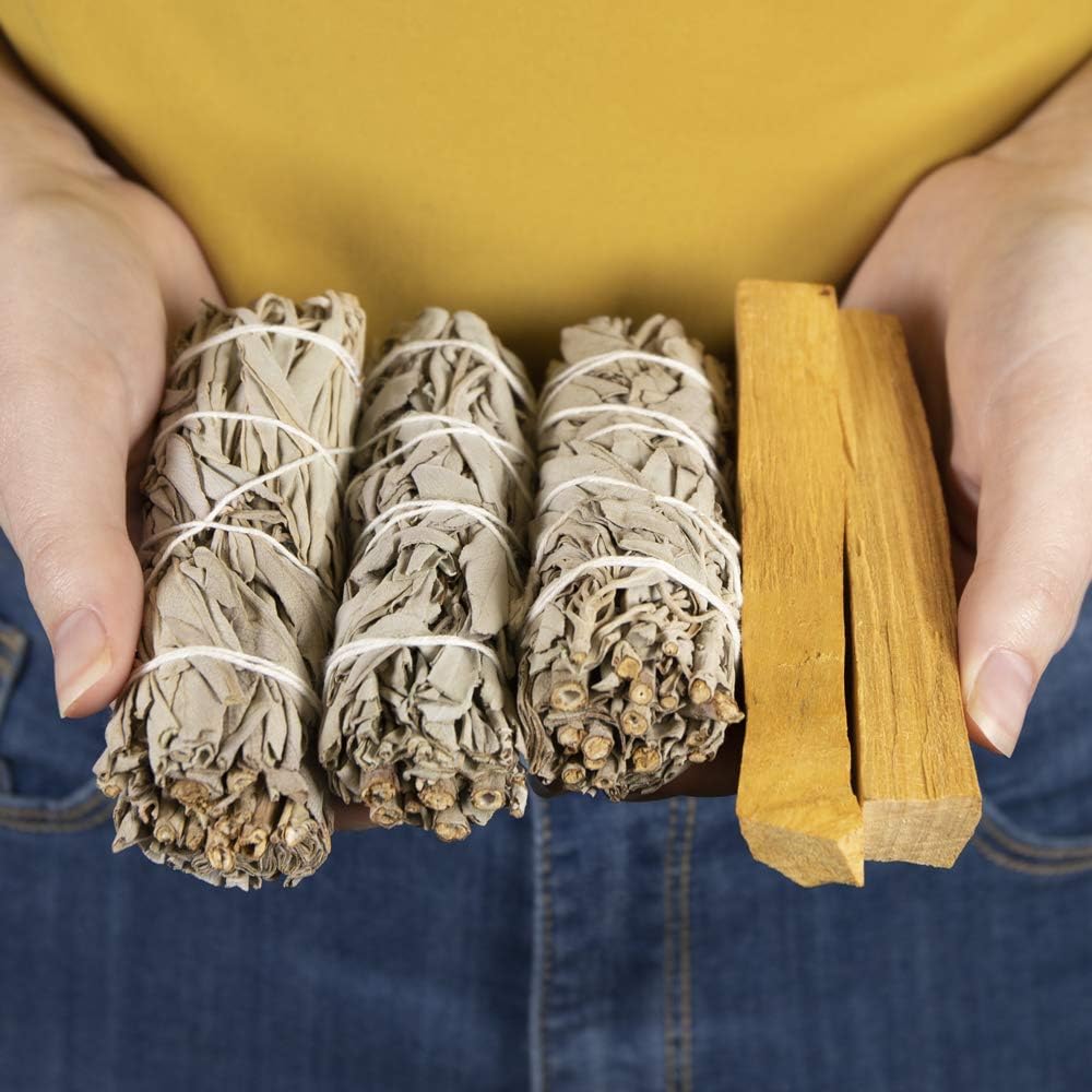 Purple Canyon Smudge Kit (Beginner's Gift Set) - 3 White Sage Smudge Sticks, 2 Palo Santo, Abalone Shell, Smudge Feather w/Stand + Smudging Guide for Home Cleansing & Healing Meditation Rituals
