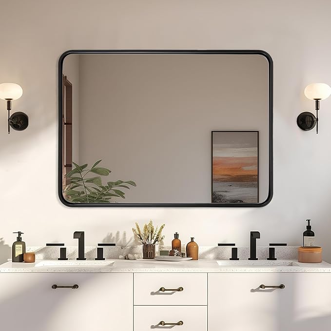 ANDY STAR Black Bathroom Mirror for Wall, 30 x 40 Inch Mirrors for Vanity, Rounded Rectangle Mirror, Black Metal Framed Mirror Wall Mounted Horizontal Or Vertical