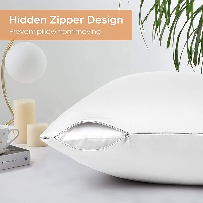 Silk Pillowcase for Hair and Skin, 2 Pack 100% Mulberry Silk Pillowcase 25 Momme, 600 Thread Count, Both Side Pure Silk Pillow Cover with Hidden Zipper (White, Queen 20''×30'')