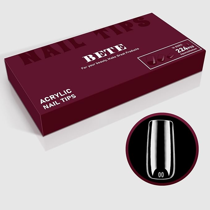 BETE Medium Square Nail Tips, 224Pcs 16 Sizes, Clear Acrylic Full Cover False Nails, Pre-Shaped, Strong & Thicker, Long Lasting Press on Nails for DIY at Home & Salon