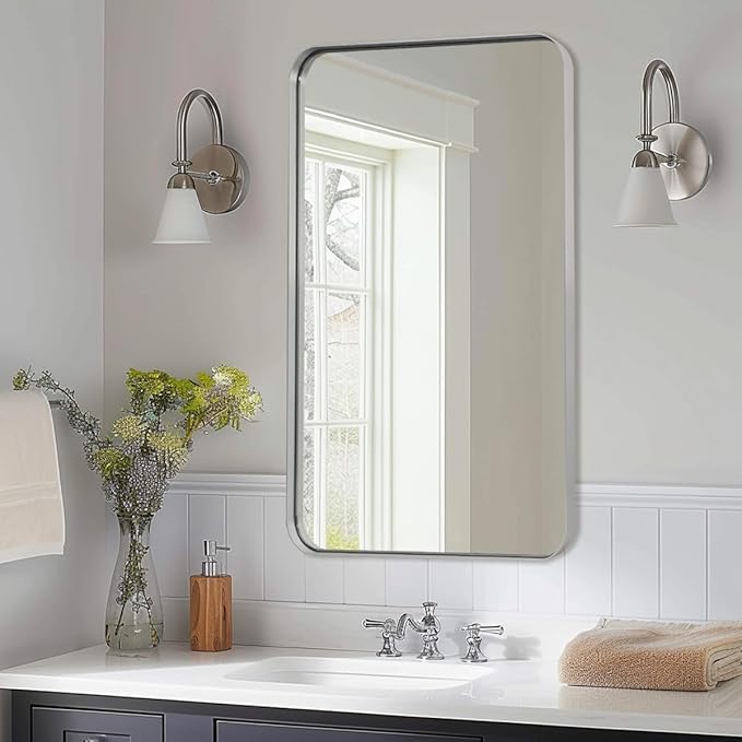 ANDY STAR Brushed Nickel Bathroom Mirror, 24”x40” Rounded Corner Rectangle Mirror, Modern Metal Frame Bathroom Vanity Mirror