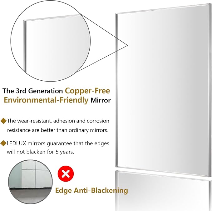24x36 Inch Silver Bathroom Mirror - Copper-Free Mirror, Aluminum Alloy Frame Vanity Rectangle Wall Mounted Modern Mirror for Bedroom/Living Room/Porch Horizontal or Vertical