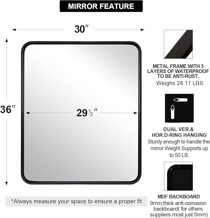 ANDY STAR 30x36’’ Bathroom Mirrors for Wall, Matte Black Bathroom Vanity Mirror, Contemporary Rounded Rectangle Mirrors Wall Mounted in Tube Metal Frame, Hang Horizontal/Vertical 1’’ Deep