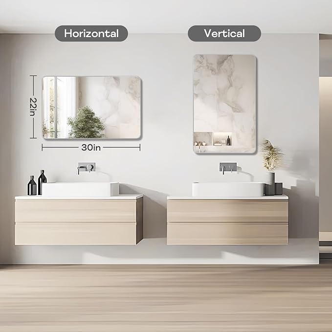 Silver Framed Bathroom Mirror, Brushed Nickel Rounded Corner Rectangle Wall Mirror, Tempered Glass, Shatter Proof, Anti-Rust, Hangs Horizontally or Vertically (22" x 30", Silver)