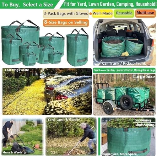 Professional 3-Pack 137 Gallon Extra Large Lawn Garden Bags (D34,H34 in) Reusable Yard Waste Bags with Gardening Gloves for Big Leaf Bag,Lawn Weeds,Grass Clippings Bag,Yard Debris Containers 4 Handles - Image 2