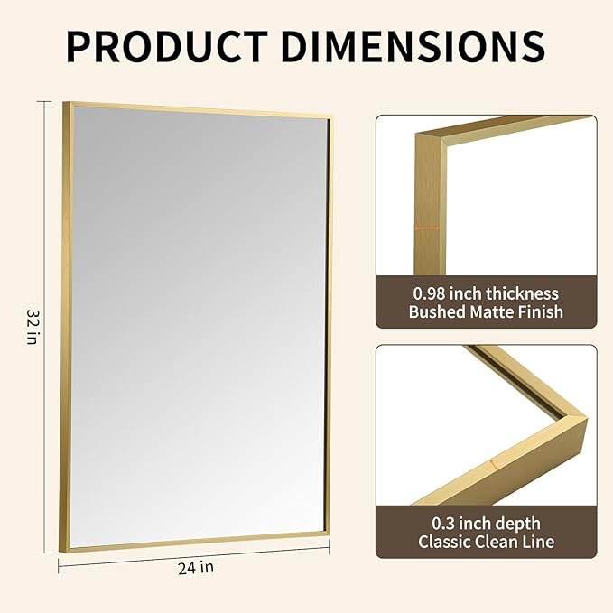 Brushed Gold Mirror, 24x32 Inch Aluminum Framed Square Corner Wall Mirror for Over Sink, Vanity, Horizontal/Vertical