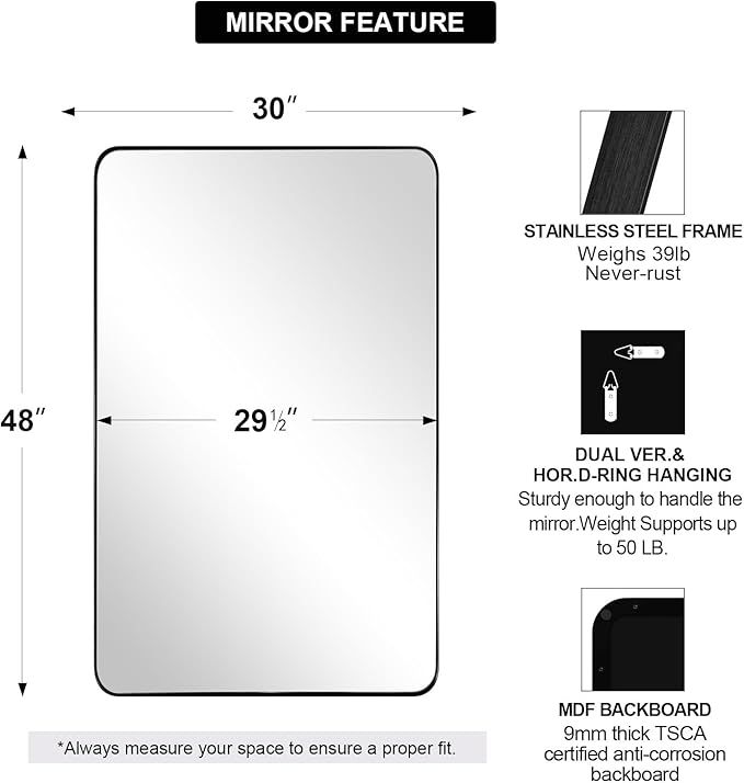 ANDY STAR 30”x48” Black Bathroom Mirror, Wall Mirror for Bathroom, Rounded Rectangle Mirror in Premium Stainless Steel Metal Frame Hangs Horizontal Or Vertical (Matte Black)