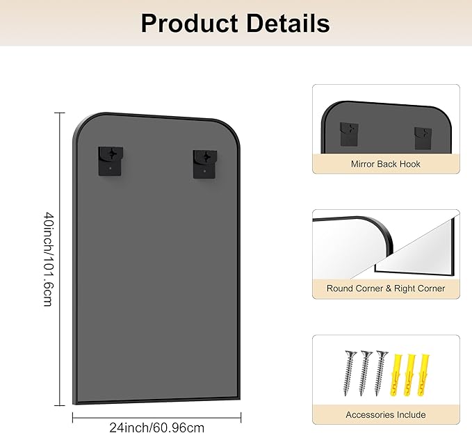 Bathroom Mirror, 24x40 inch Black Rectangle Wall Mounted Mirror with Thin Frame, Bathroom Vanity Mirrors for Over Sink, Entryway, Living Room, Bedroom