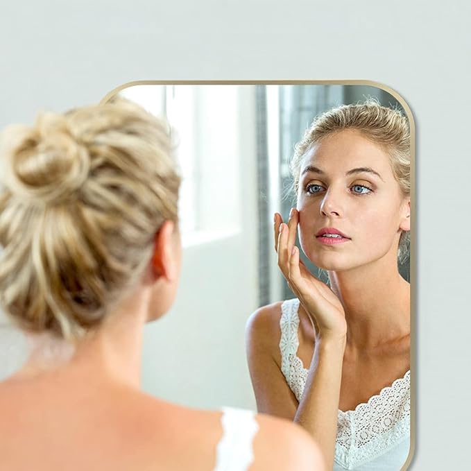 30x36 Inch Gold Bathroom Mirror, Brushed Gold Metal Framed Rectangular Mirror with Rounded Corner, Bathroom Vanity Mirror for Bedroom or Living Room, Horizontal/Vertical