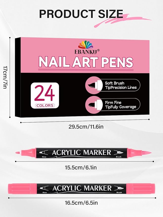 EBANKU Nail Art Pens For Painting Nails, 24 Colors Double-Ended Nail Art Marker Quick-Drying Nail Polish Pen For 3D Nail Art, Fine Tip Nail Point Dotting Tool Drawing Pen For DIY Beauty Adorn Manicure