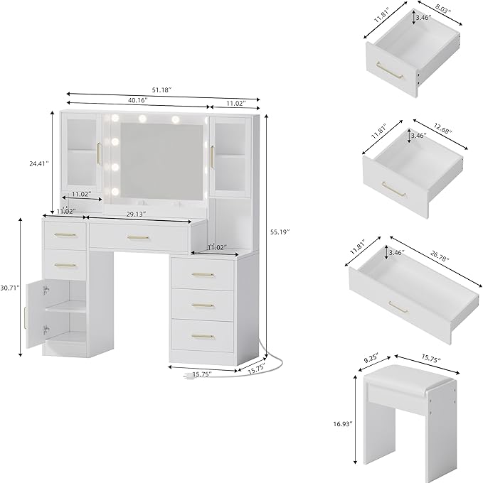 Makeup Vanity Desk with Mirror and Lights, 51" Makeup Vanity with Lights & Charging Station, Dressing Table Vanity Set for Bedroom, White Vanity Table with Cushioned Stool, 6 Drawers and 3 Cabinet