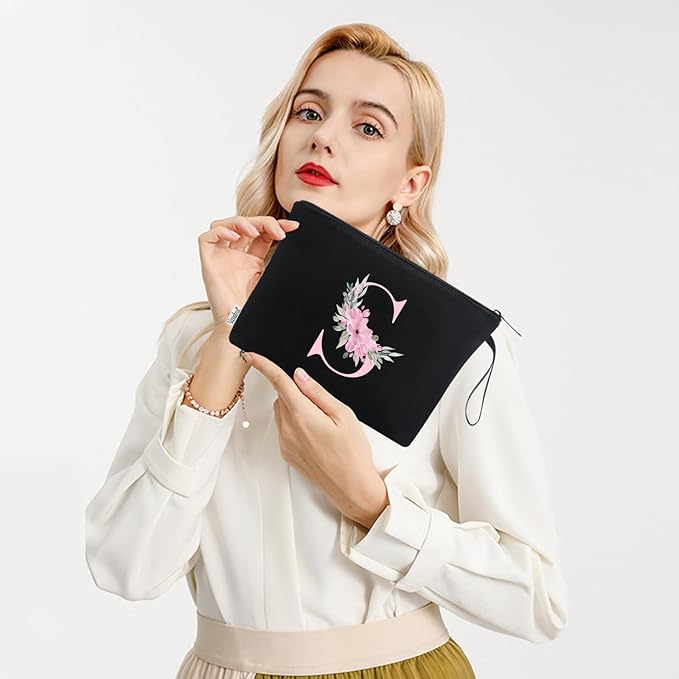 Vavabox A-Z Personalized Makeup Bag, Birthday Gifts for Women Mom, Gifts for Best Friend, Bride Bridesmaid Cosmetic bag (S, Black)