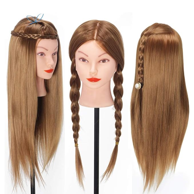 Mannequin Head with Hair, Beauty Star Doll Head for Styling, 20 Inch Long Gold Syntheic Hair Cosmetology Manikin Training Head Model, Hairdressing Practice Head with Clamp Stand and Braiding Kit