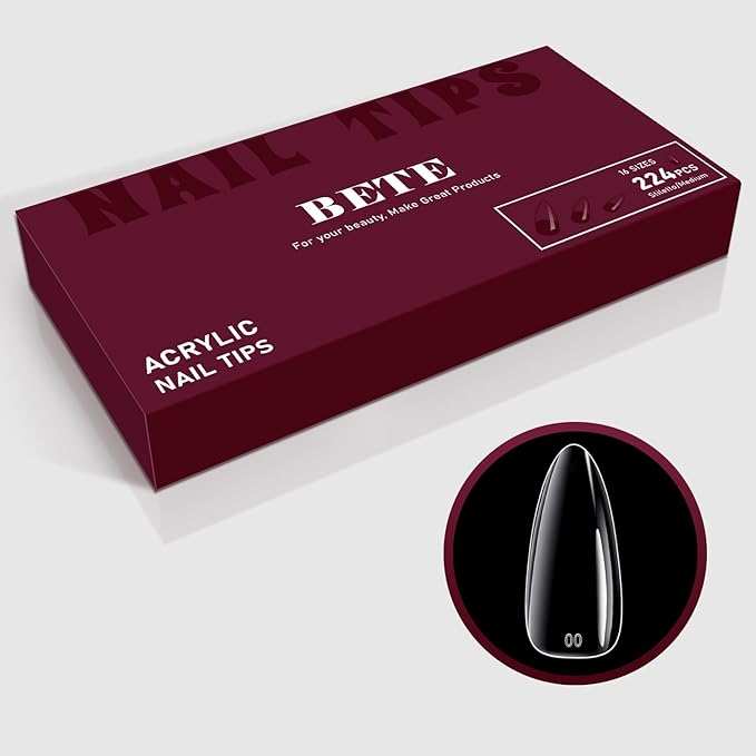 BETE Medium Stiletto Nail Tips, 224Pcs 16 Sizes, Clear Acrylic Full Cover False Nails, Pre-Shaped, Strong & Thicker, Long Lasting Press on Nails for DIY at Home & Salon