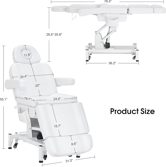BarberPub Fully Electric Beauty Bed, 3-Motor Salon Spa Chair with Foot-Controlled Wheels, Adjustable Height, Backrest & Leg Rest – PVC Leather, Professional Facial & Treatment Table 2754 (White)