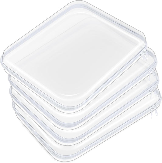 Hoolerry 4 Pcs Hard Clear Zipper Case Makeup Bags Plastic Pencil Pouch Transparent Storage Box Containers for Cosmetics, Snacks, Building Blocks, Puzzles(White,13.8 x 11.8 x 2 in)
