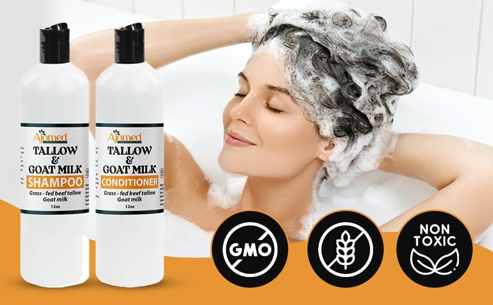 Beef Tallow Shampoo & Conditioner Set -Unscented Handmade tallow & goat milk shampoo for Damaged hair, all hair types- Moisturizing Shampoo- Sulfate, fragrance free -SHAMPOO 12OZ