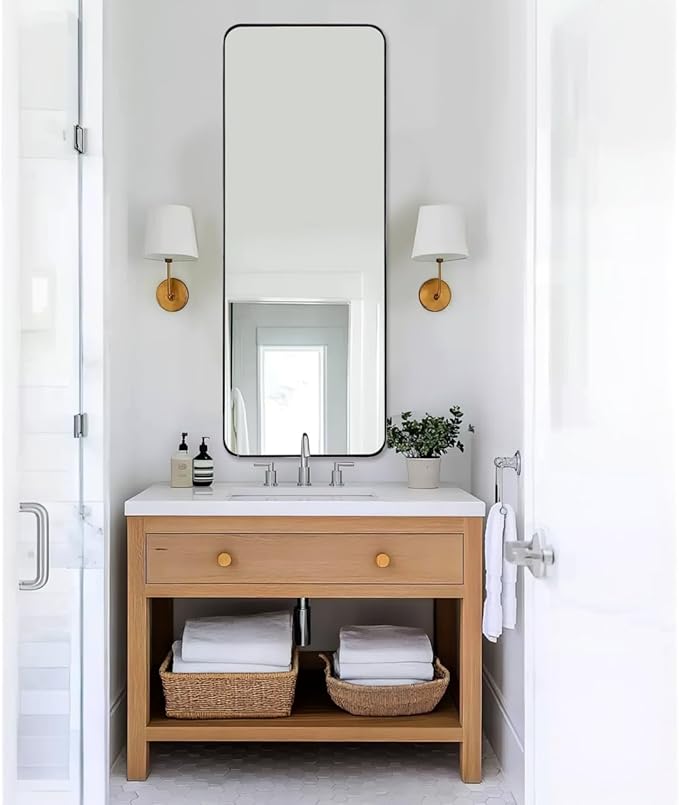 ANDY STAR 18" x 48" Full Length Wall Mirror, Large Polished Chrome Mirror for Bathroom, Rounded Corner Rectangle Body for Floor and Leaning