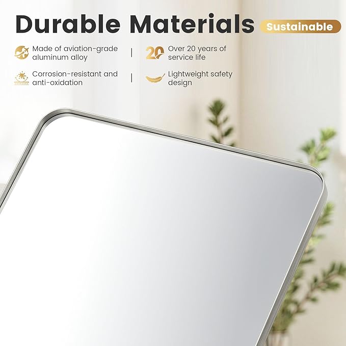 22X34 Inch Brushed Nickel Bathroom Mirror for Wall, Brushed Silver Metal Framed Mirror, Rounded Rectangle Silver Bathroom Mirrors, Tempered Glass, Anti-Rust, Hangs Horizontally or Vertically