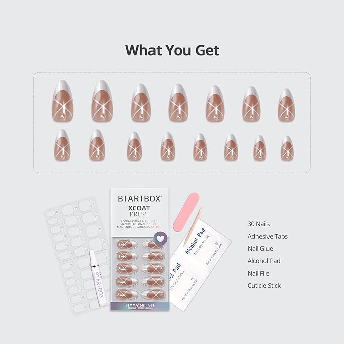 BTArtbox French Tip Press On Nails - Lamp-Curable Pearl Accents Chrome Almond Press On Nails with Glue for Women, Soft Gel Glue On Nails in 15 Sizes - 30 Stick On Nails Kit, Heel Click