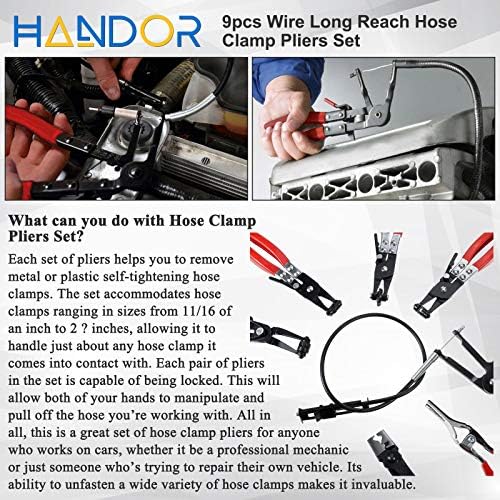 Handor 9pcs Hose Clamp Pliers, Wire Long Reach Hose Clamp Pliers Set Fuel Oil Water Hose Auto Tools for Automotive Coolant Radiator Heater and Water Hose with Band Flat or Large Clamps - Image 2