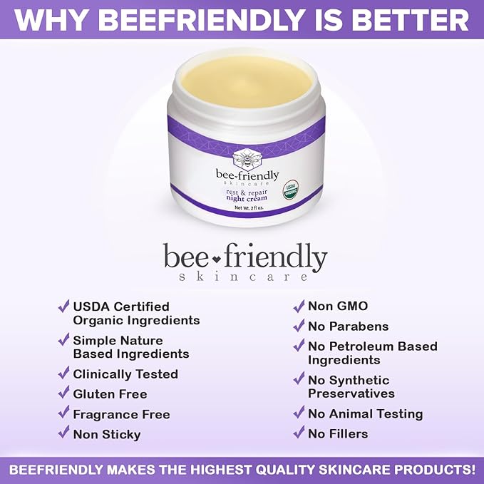 BeeFriendly Organic Night Cream, USDA Certified Organic, Deep Hydrating & Moisturizing Night Time Eye, Face, Neck & Decollete Cream for Women and Men, Skin renewing 4 oz (2 Jars in box)